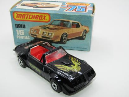 Matchbox Superfast No 16B Pontiac Black, Light Yellow & Brown Firebird Tampo, Unpainted Base