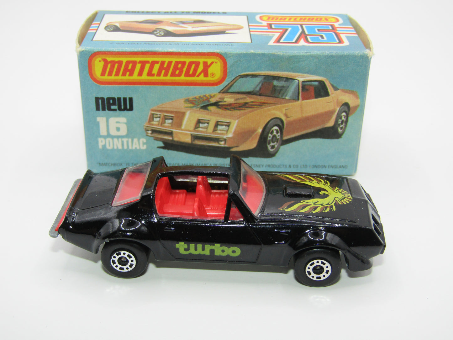 Matchbox Superfast No 16B Pontiac Black, Light Yellow & Brown Firebird Tampo, Unpainted Base