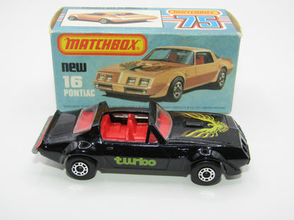 Matchbox Superfast No 16B Pontiac Black, Light Yellow & Brown Firebird Tampo, Unpainted Base