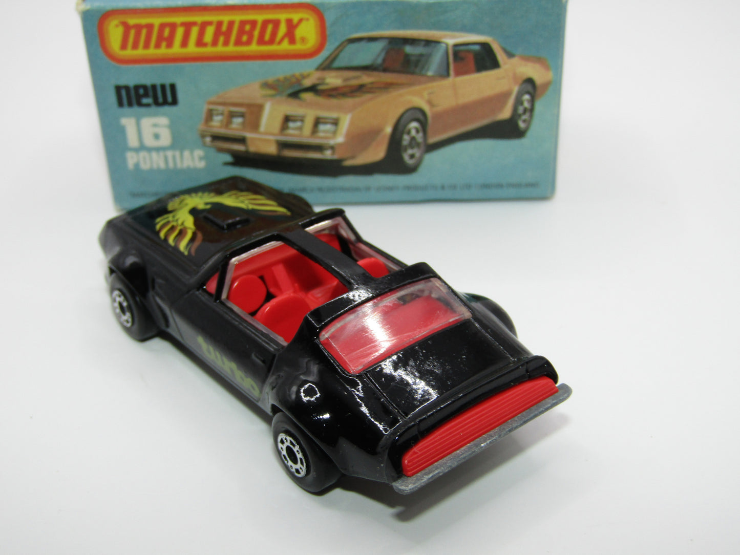 Matchbox Superfast No 16B Pontiac Black, Light Yellow & Brown Firebird Tampo, Unpainted Base