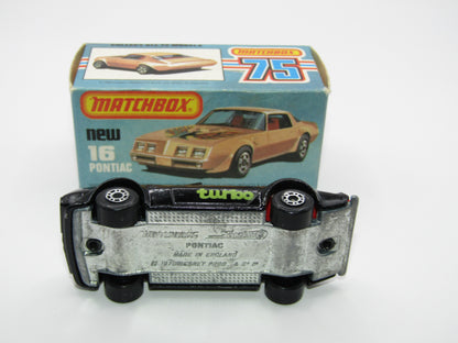 Matchbox Superfast No 16B Pontiac Black, Light Yellow & Brown Firebird Tampo, Unpainted Base
