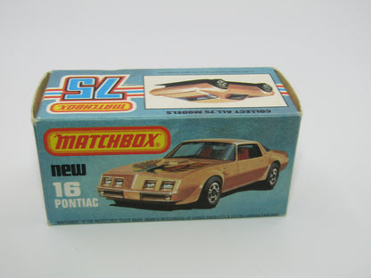 Matchbox Superfast No 16B Pontiac Black, Light Yellow & Brown Firebird Tampo, Unpainted Base