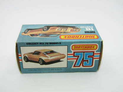 Matchbox Superfast No 16B Pontiac Black, Light Yellow & Brown Firebird Tampo, Unpainted Base