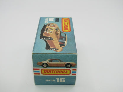 Matchbox Superfast No 16B Pontiac Black, Light Yellow & Brown Firebird Tampo, Unpainted Base
