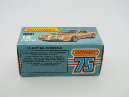 Matchbox Superfast No 16B Pontiac Black, Light Yellow & Brown Firebird Tampo, Unpainted Base