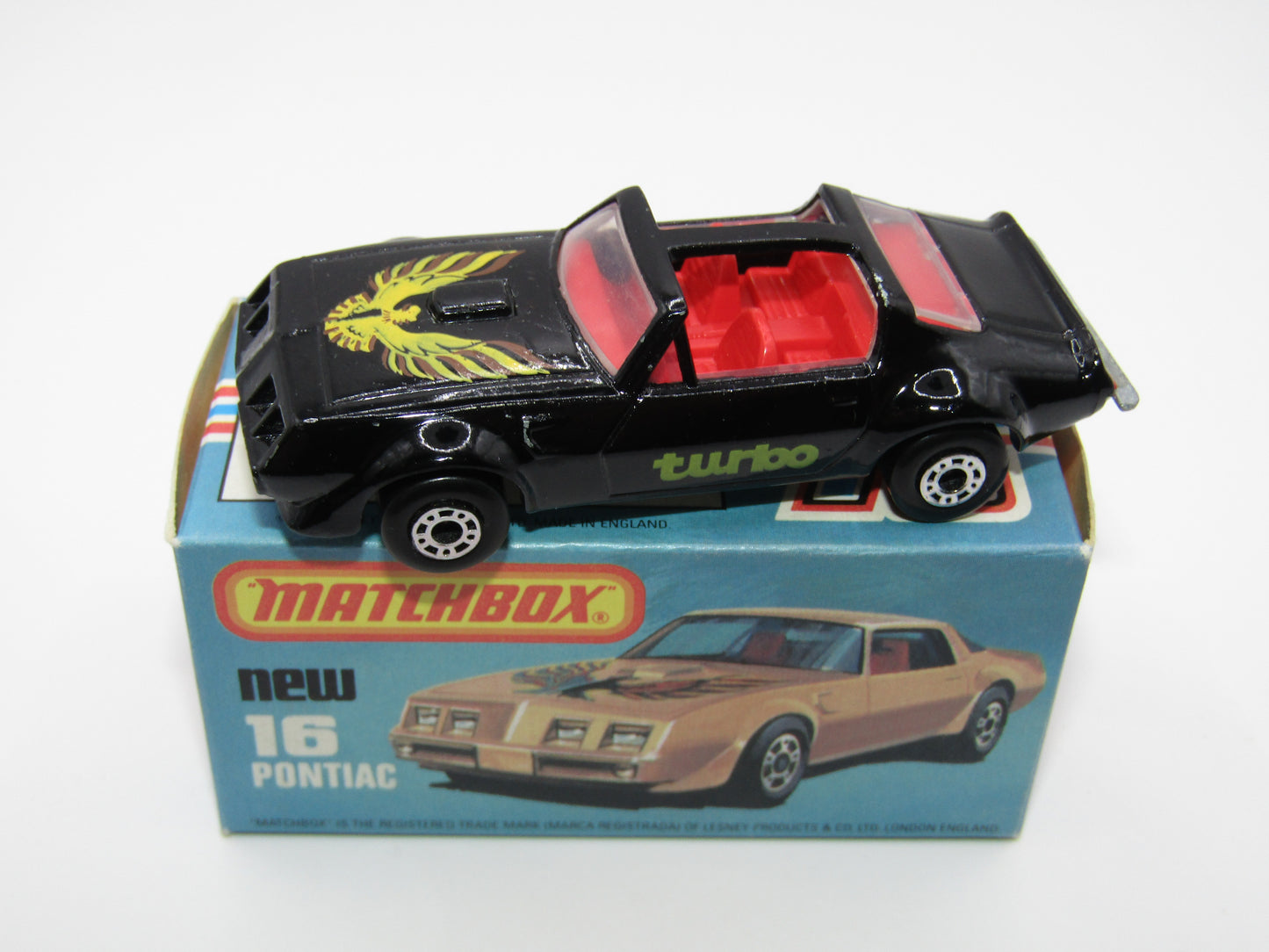Matchbox Superfast No 16B Pontiac Black, DARK Yellow & Brown Firebird Tampo, Unpainted Base