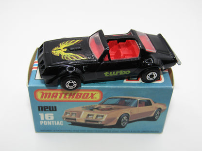 Matchbox Superfast No 16B Pontiac Black, DARK Yellow & Brown Firebird Tampo, Unpainted Base