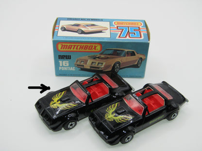 Matchbox Superfast No 16B Pontiac Black, DARK Yellow & Brown Firebird Tampo, Unpainted Base