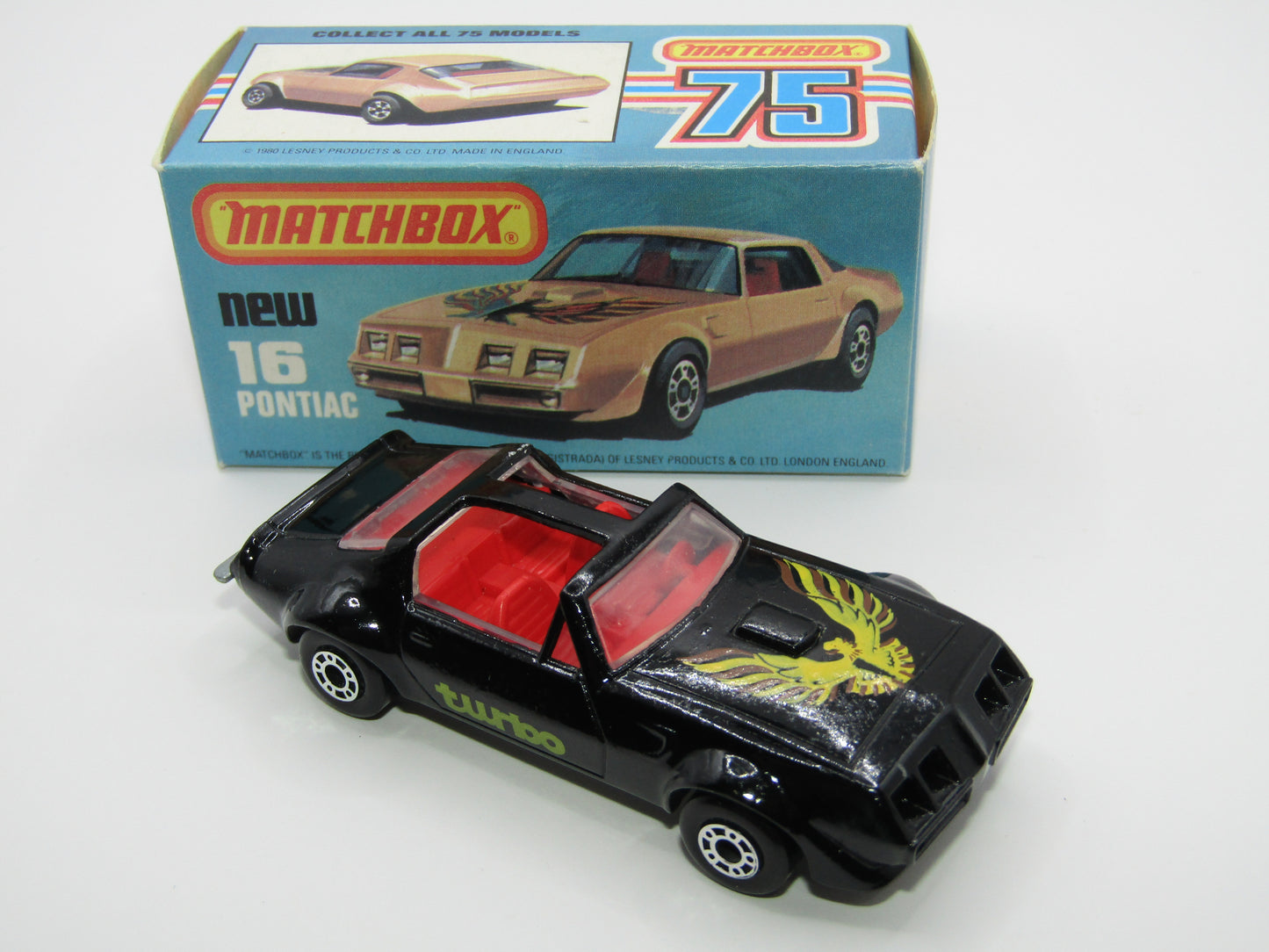 Matchbox Superfast No 16B Pontiac Black, DARK Yellow & Brown Firebird Tampo, Unpainted Base