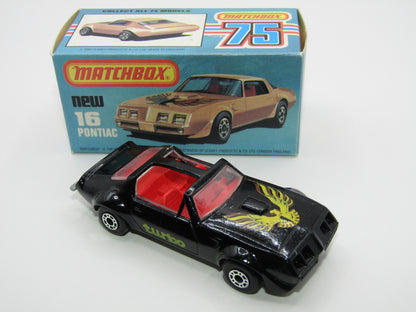 Matchbox Superfast No 16B Pontiac Black, DARK Yellow & Brown Firebird Tampo, Unpainted Base