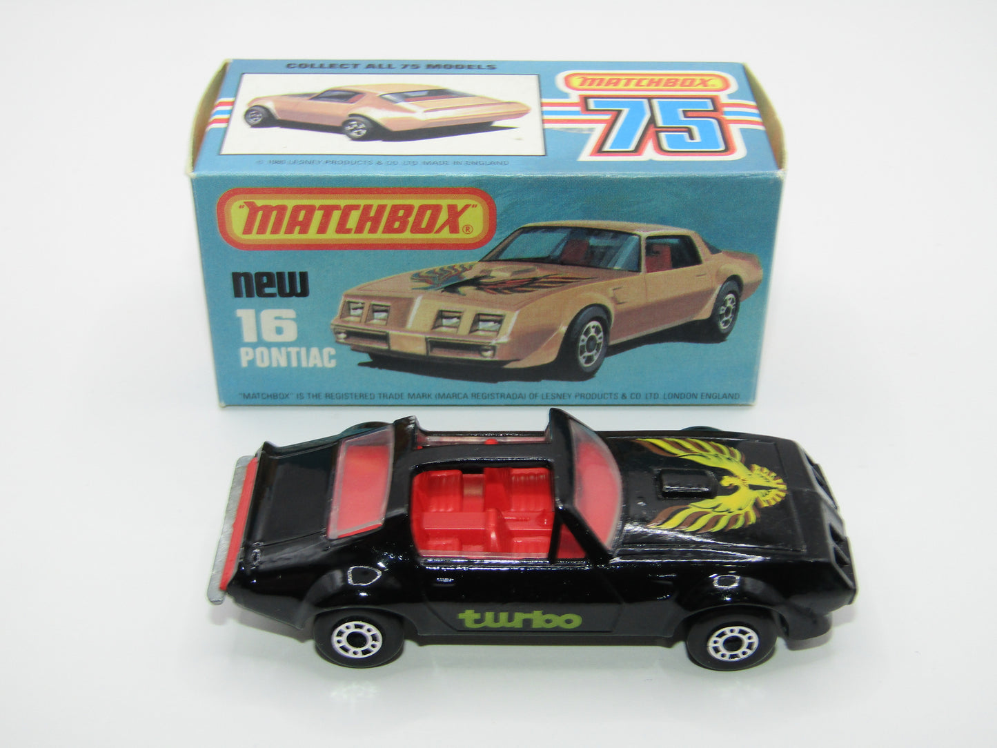 Matchbox Superfast No 16B Pontiac Black, DARK Yellow & Brown Firebird Tampo, Unpainted Base