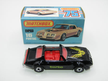 Matchbox Superfast No 16B Pontiac Black, DARK Yellow & Brown Firebird Tampo, Unpainted Base