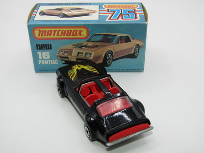 Matchbox Superfast No 16B Pontiac Black, DARK Yellow & Brown Firebird Tampo, Unpainted Base