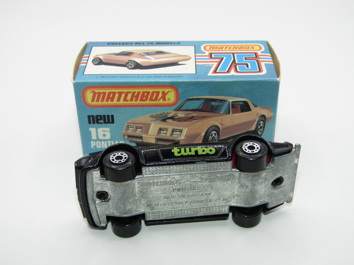 Matchbox Superfast No 16B Pontiac Black, DARK Yellow & Brown Firebird Tampo, Unpainted Base