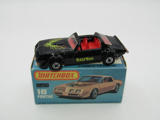 Matchbox Superfast No 16B Pontiac Black, Light Yellow & Brown Firebird Tampo, Silver Base