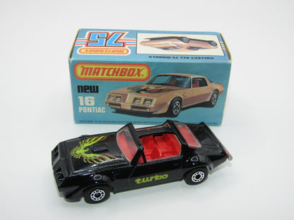 Matchbox Superfast No 16B Pontiac Black, Light Yellow & Brown Firebird Tampo, Silver Base