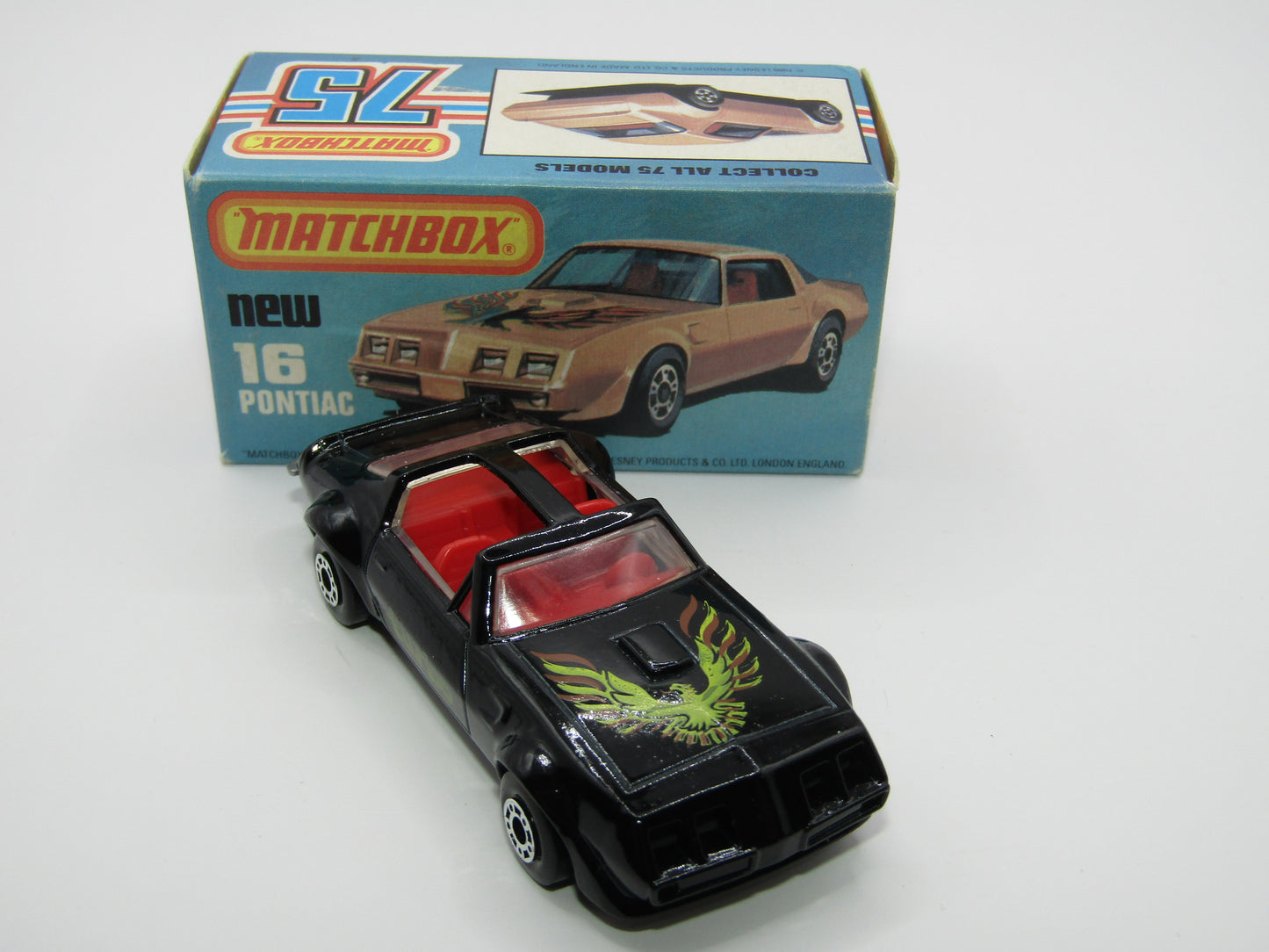 Matchbox Superfast No 16B Pontiac Black, Light Yellow & Brown Firebird Tampo, Silver Base