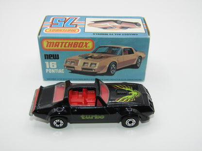 Matchbox Superfast No 16B Pontiac Black, Light Yellow & Brown Firebird Tampo, Silver Base