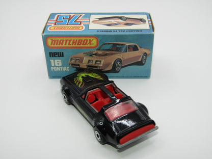 Matchbox Superfast No 16B Pontiac Black, Light Yellow & Brown Firebird Tampo, Silver Base
