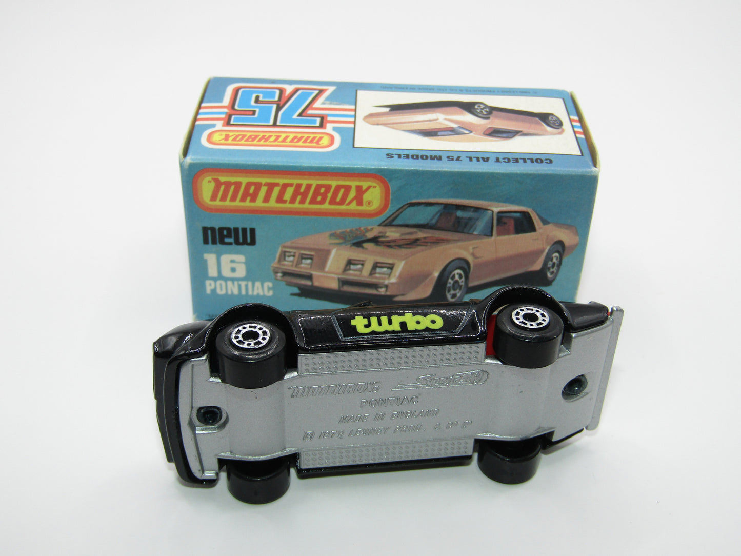 Matchbox Superfast No 16B Pontiac Black, Light Yellow & Brown Firebird Tampo, Silver Base
