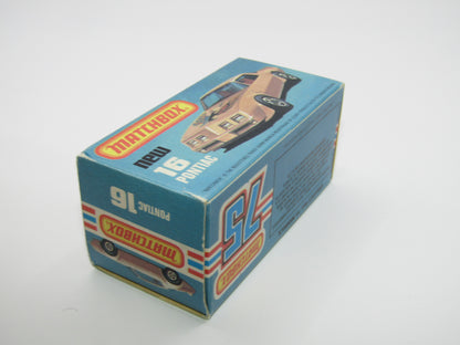 Matchbox Superfast No 16B Pontiac Black, Light Yellow & Brown Firebird Tampo, Silver Base