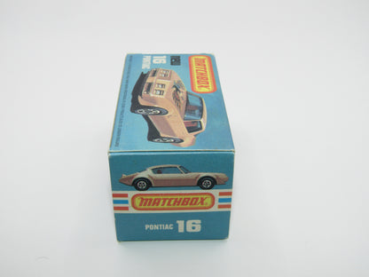 Matchbox Superfast No 16B Pontiac Black, Light Yellow & Brown Firebird Tampo, Silver Base