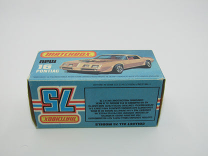 Matchbox Superfast No 16B Pontiac Black, Light Yellow & Brown Firebird Tampo, Silver Base