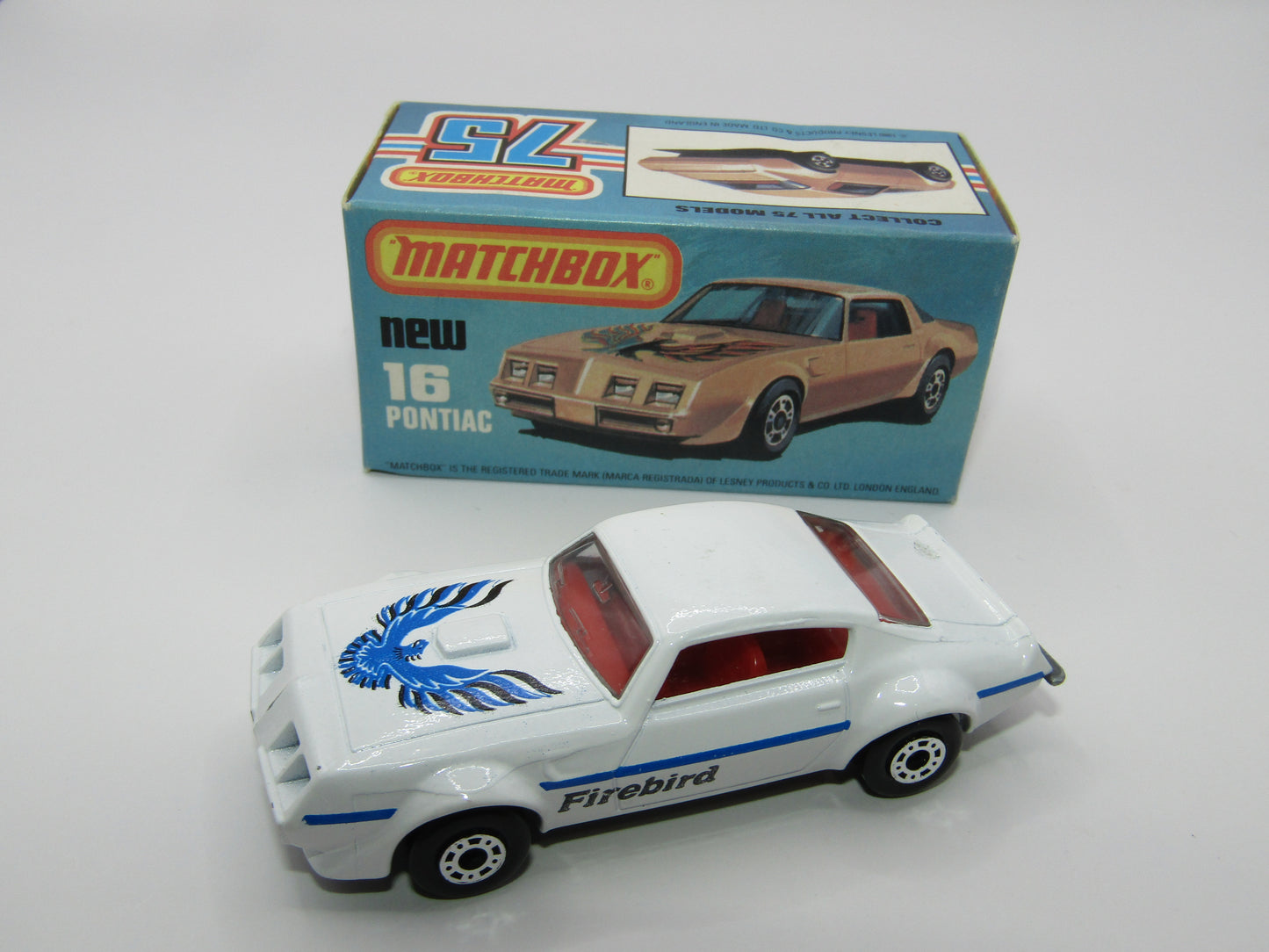 Matchbox Superfast No 16B Pontiac White, Unpainted Raised Cast Base, Dot Dash Wheels