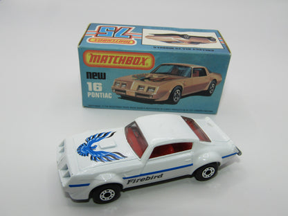 Matchbox Superfast No 16B Pontiac White, Unpainted Raised Cast Base, Dot Dash Wheels