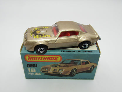 Matchbox Superfast No 16B Pontiac Tan, Firebird Label, Dot Dash Wheels, Unpainted Base