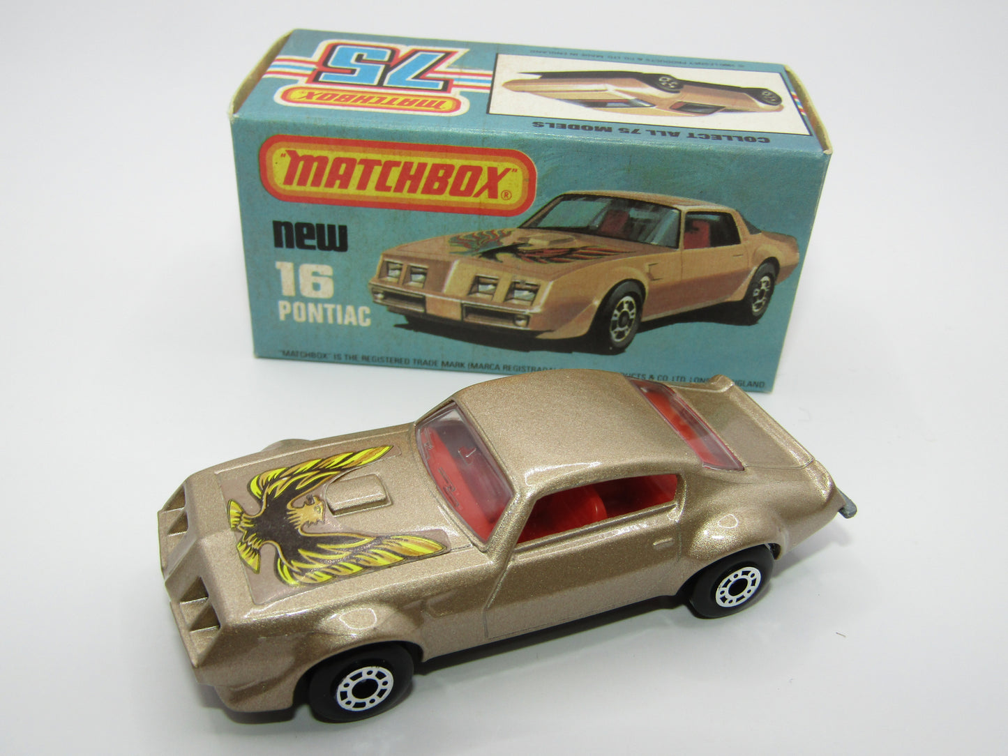 Matchbox Superfast No 16B Pontiac Tan, Firebird Label, Dot Dash Wheels, Unpainted Base