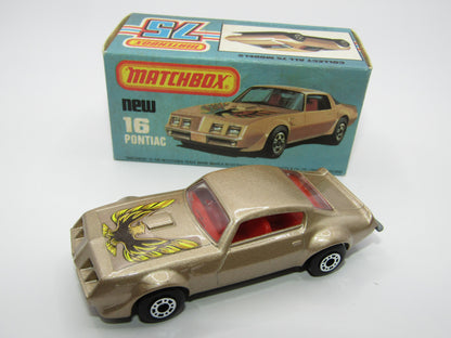 Matchbox Superfast No 16B Pontiac Tan, Firebird Label, Dot Dash Wheels, Unpainted Base