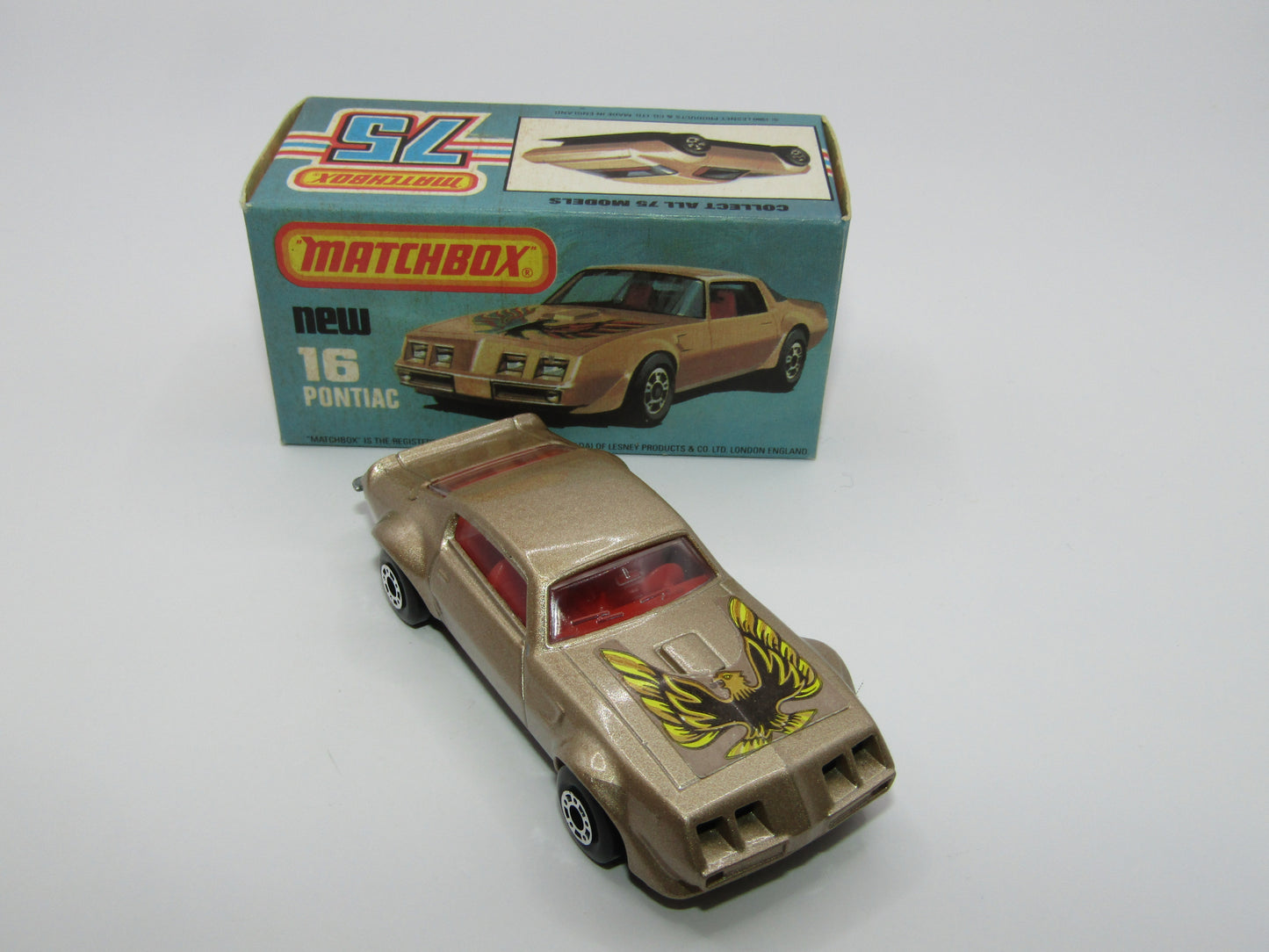 Matchbox Superfast No 16B Pontiac Tan, Firebird Label, Dot Dash Wheels, Unpainted Base