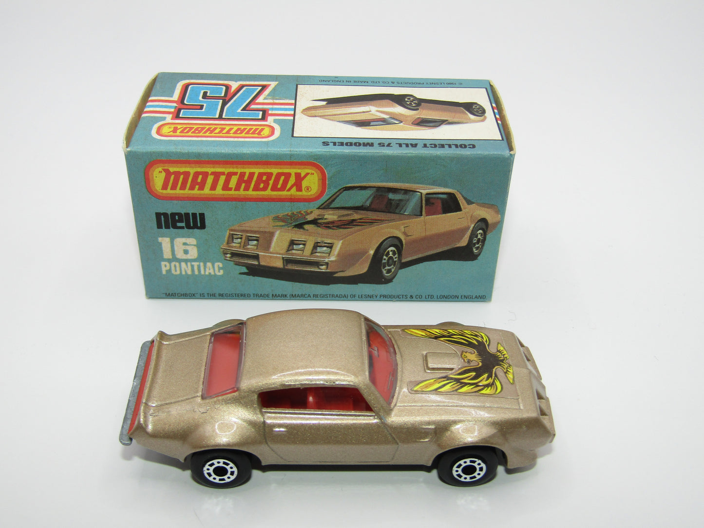 Matchbox Superfast No 16B Pontiac Tan, Firebird Label, Dot Dash Wheels, Unpainted Base