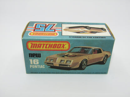Matchbox Superfast No 16B Pontiac Tan, Firebird Label, Dot Dash Wheels, Unpainted Base