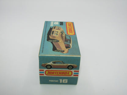 Matchbox Superfast No 16B Pontiac Tan, Firebird Label, Dot Dash Wheels, Unpainted Base