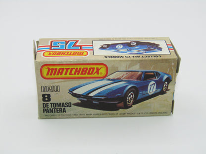 Matchbox Superfast No 8D De Tomaso Pantera, GLOSS BLACK BASE, USA Picture Box