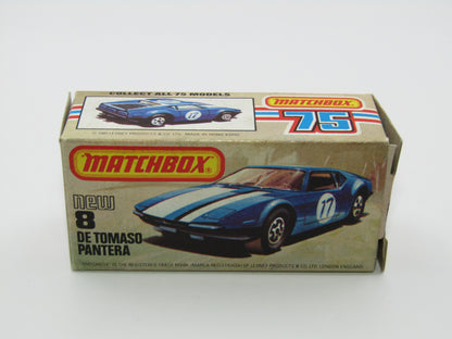 Matchbox Superfast No 8D De Tomaso Pantera, GLOSS BLACK BASE, USA Picture Box