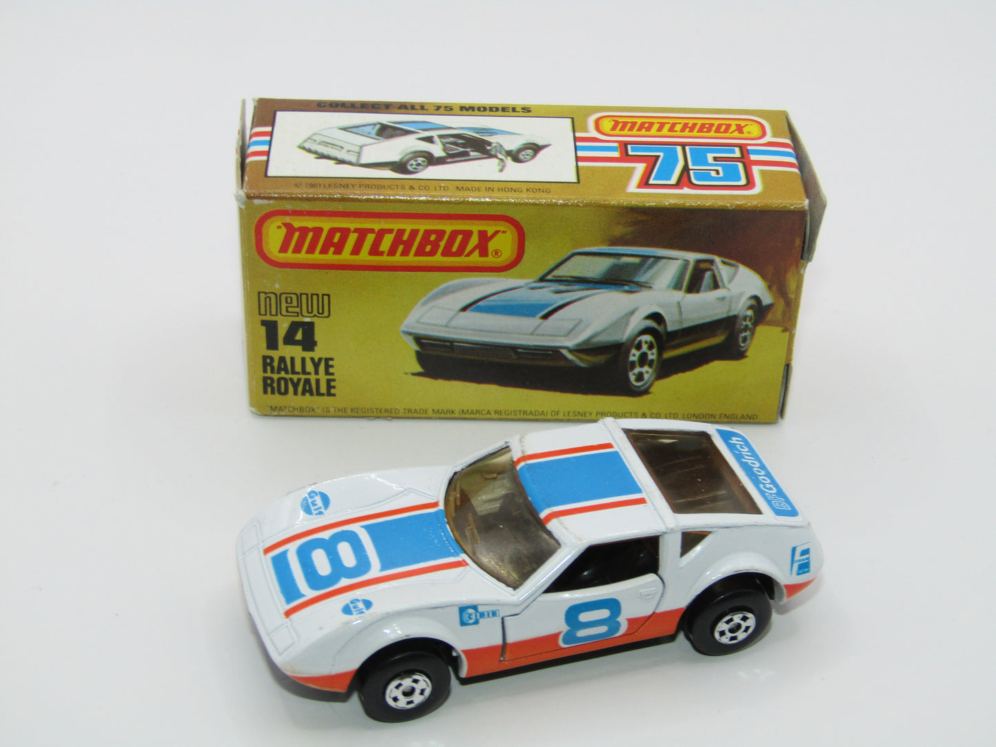 Matchbox Superfast No 14D Rallye Royale (Monteverdi Hai Cast) White, Amber Windows 5 Spoke Wheels, USA Picture Box