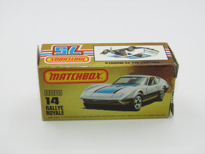 Matchbox Superfast No 14D Rallye Royale (Monteverdi Hai Cast) White, Amber Windows 5 Spoke Wheels, USA Picture Box