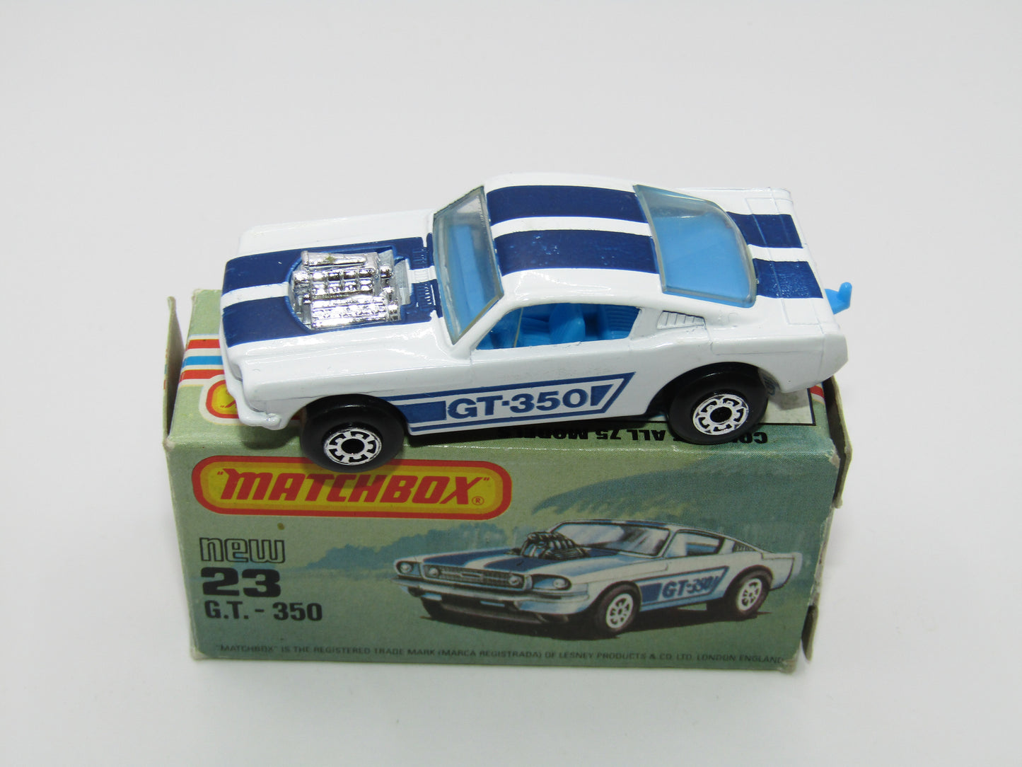 Matchbox Superfast No 23D Mustang GT 350, DARK Blue Tampo,  5 Arch Wheels , USA Picture Box