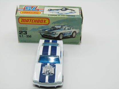 Matchbox Superfast No 23D Mustang GT 350, DARK Blue Tampo,  5 Arch Wheels , USA Picture Box