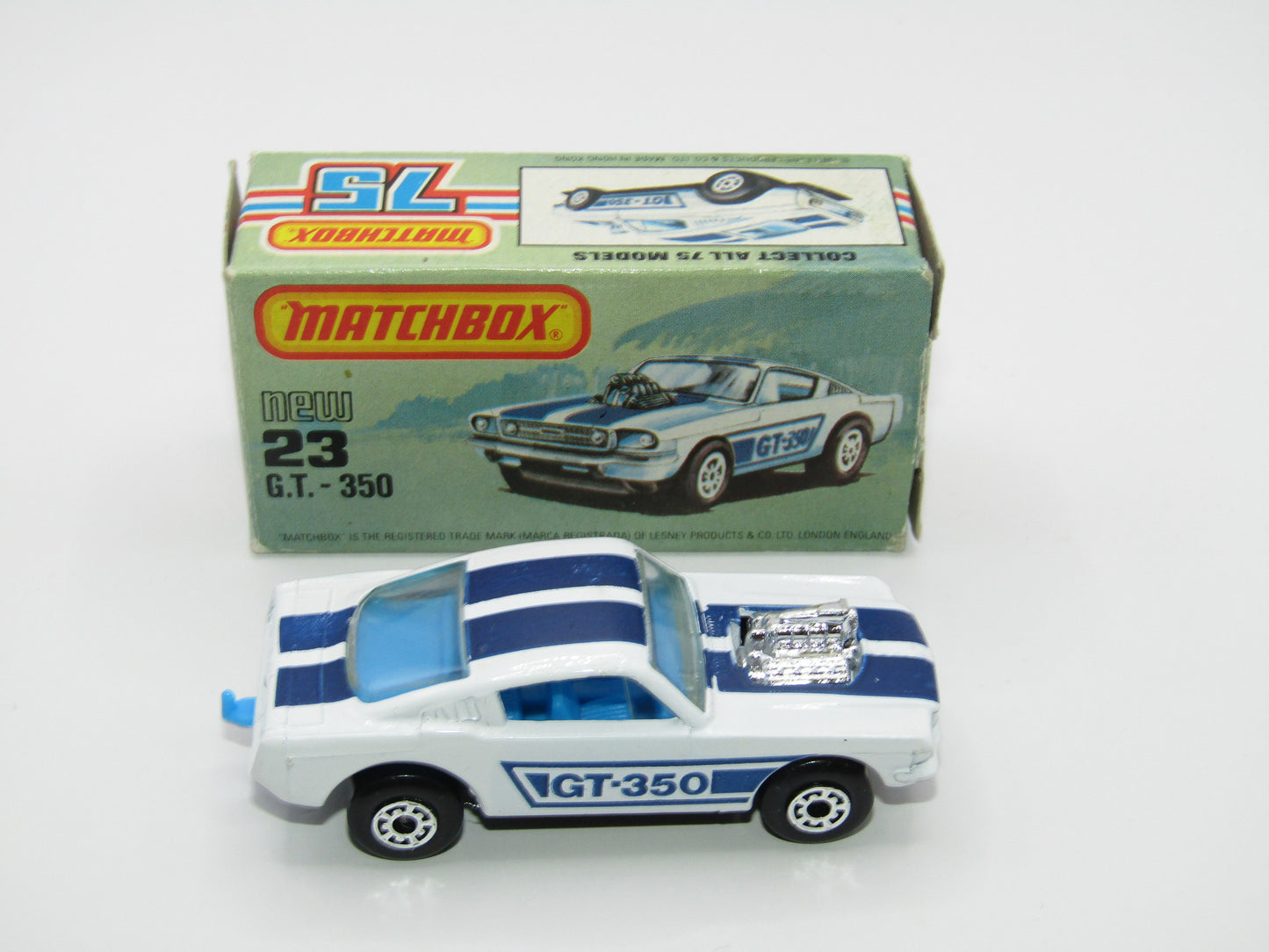 Matchbox Superfast No 23D Mustang GT 350, DARK Blue Tampo,  5 Arch Wheels , USA Picture Box
