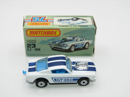 Matchbox Superfast No 23D Mustang GT 350, DARK Blue Tampo,  5 Arch Wheels , USA Picture Box