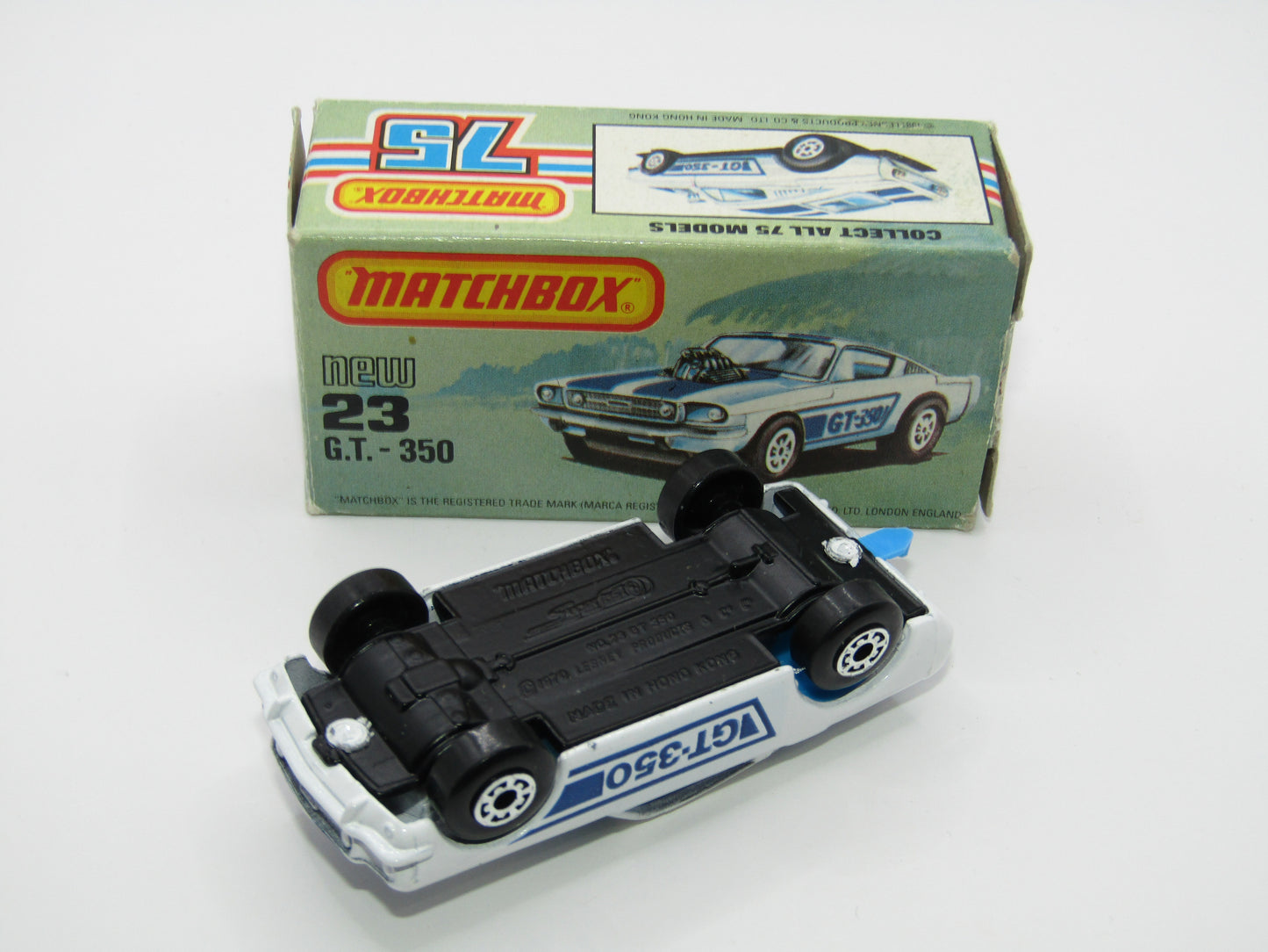 Matchbox Superfast No 23D Mustang GT 350, DARK Blue Tampo,  5 Arch Wheels , USA Picture Box