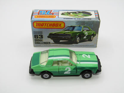 Matchbox Superfast No 63D Dodge Challenger, WHITE Interior, MALTESE Cross Wheels , USA Picture Box