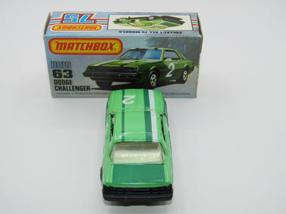 Matchbox Superfast No 63D Dodge Challenger, WHITE Interior, MALTESE Cross Wheels , USA Picture Box
