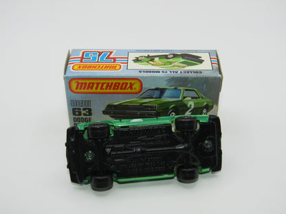 Matchbox Superfast No 63D Dodge Challenger, WHITE Interior, MALTESE Cross Wheels , USA Picture Box