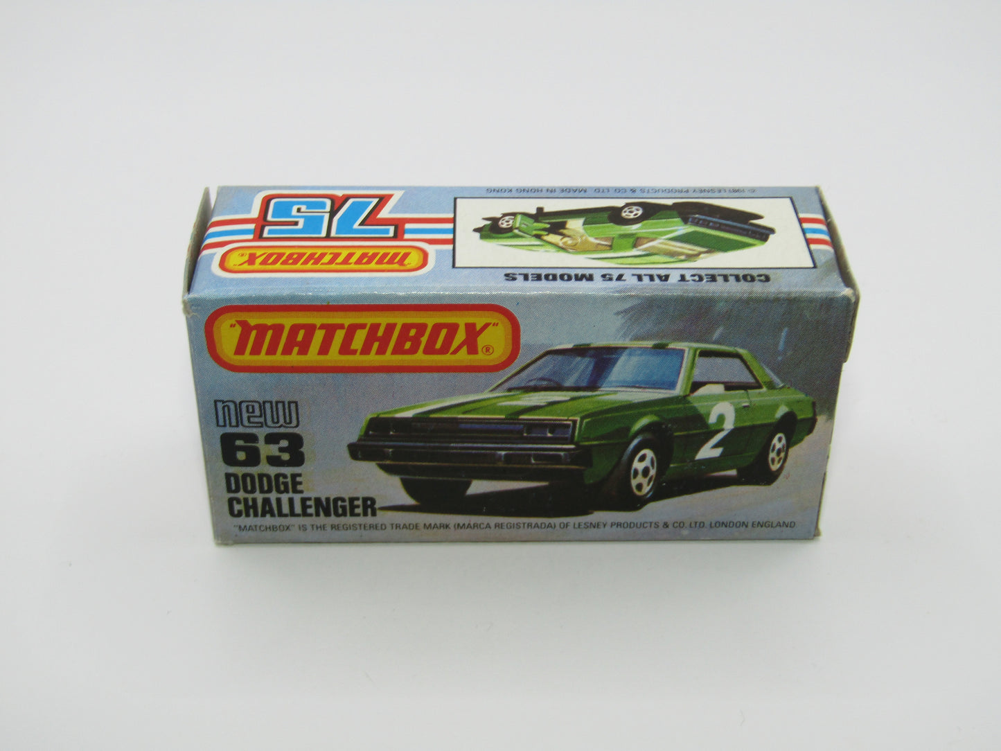 Matchbox Superfast No 63D Dodge Challenger, WHITE Interior, MALTESE Cross Wheels , USA Picture Box