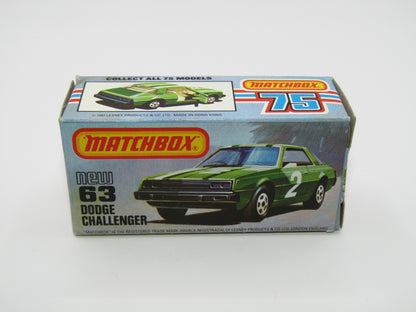 Matchbox Superfast No 63D Dodge Challenger, WHITE Interior, MALTESE Cross Wheels , USA Picture Box